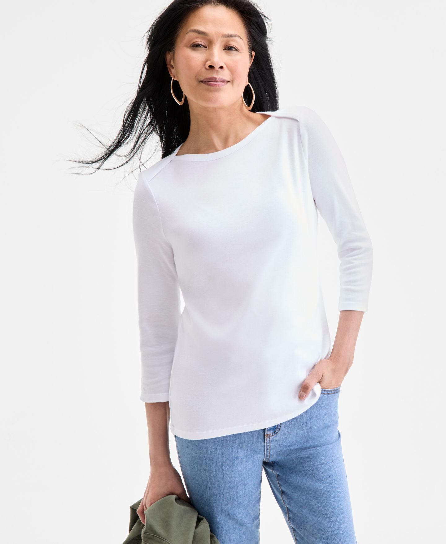 Женский топ Style & Co Petite Pima Cotton 3/4-Sleeve Boat-Neck, цвет: Яркий белый — фото 5
