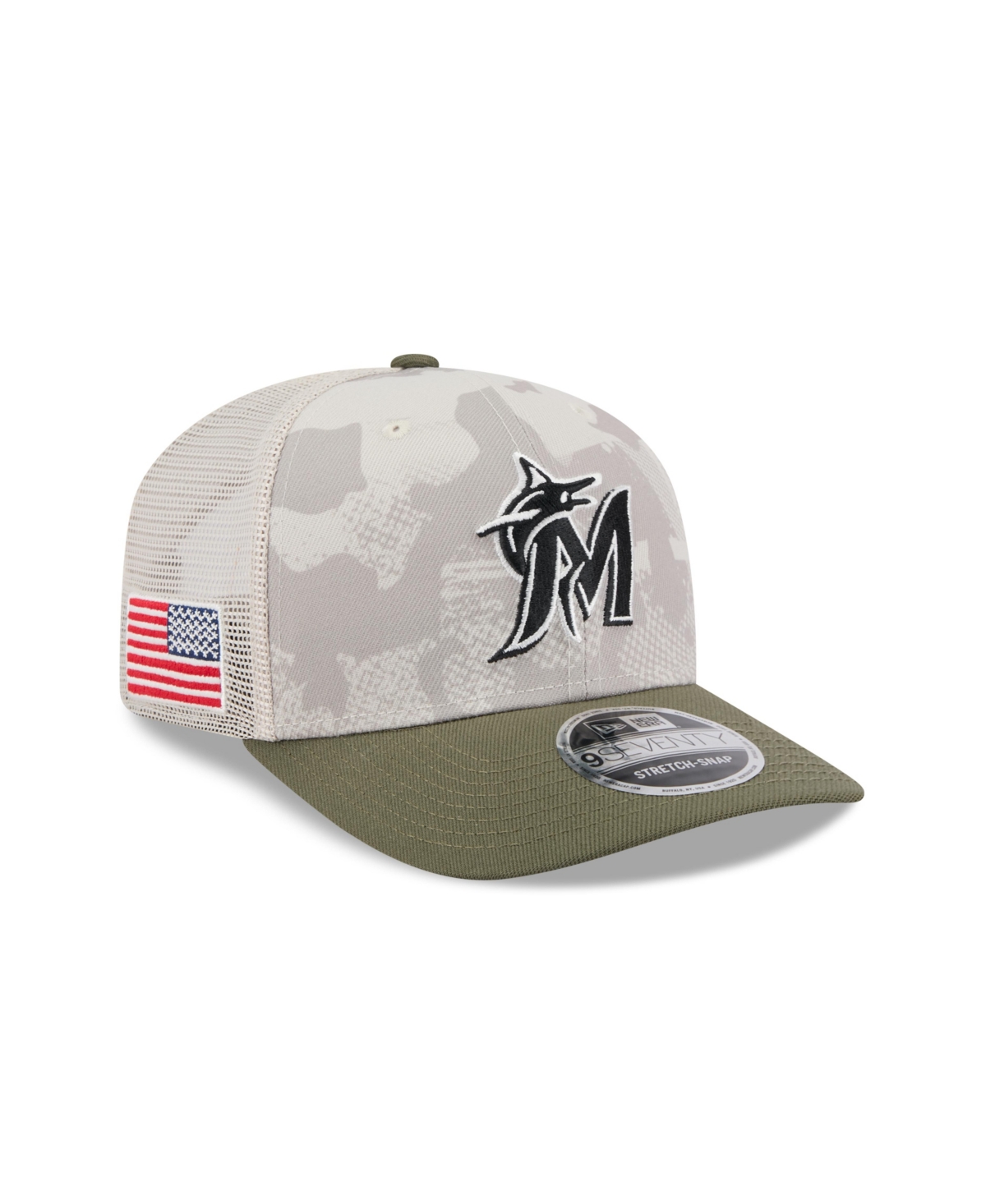 NEW ERA MEN'S LIGHT BEIGE/OLIVE MIAMI MARLINS 2025 ARMED FORCES DAY 9SEVENTY ADJUSTABLE HAT 
