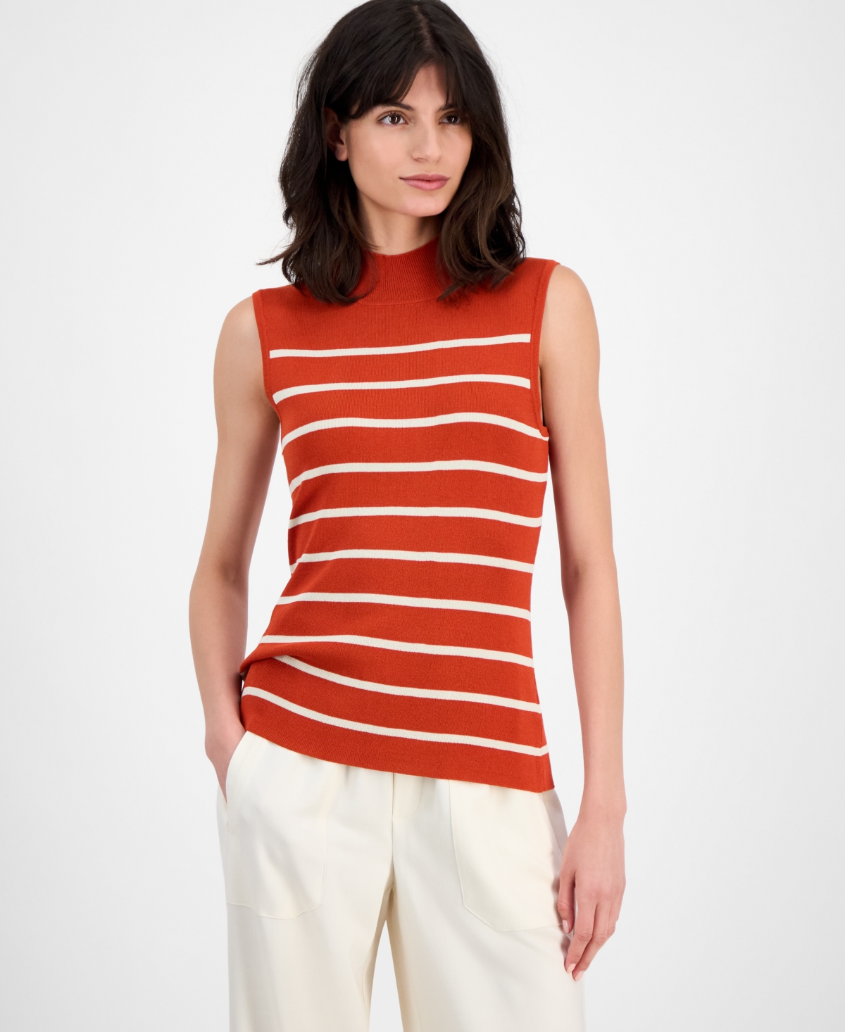 Women's Striped Mock-Neck Sleeveless Sweater - Persimmon Vanilla
