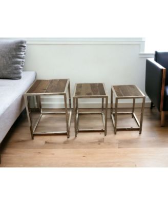Set of Three 21" Silver And Brown Solid Wood Nested Tables