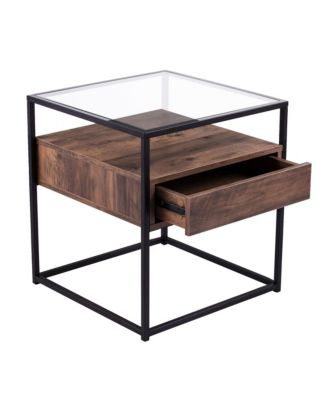 22" Black Glass And Iron Square End Table With Drawer With Shelf