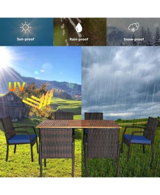 7PCS Patio Dining Furniture Set Yard w/ Wooden Tabletop Navy Cushions