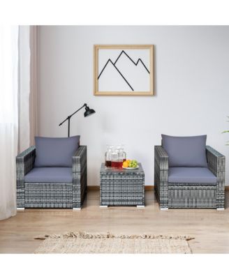 3 PCS Patio Rattan Furniture Bistro Set Cushioned Sofa Chair Glass Table Garden