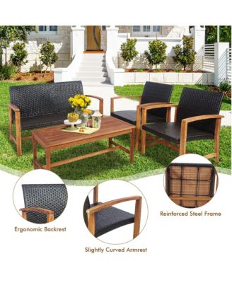 4PCS Outdoor Patio Rattan Furniture Set Acacia Wood Frame Sofa Loveseat Garden