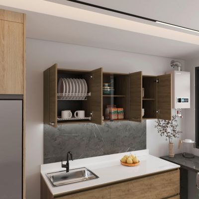 Oceana 150 Wall Cabinet with Four Doors, Two Internal Shelves, Internal Plate and Glass Organizer, Two Storage Shelves with Two Glass Doors, Natural Oak