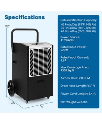 163 Pints Commercial Dehumidifier Crawl Space Dehumidifier with Pump and Drain Hose