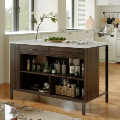 Kitchen island with 2 drawers, iron feet, island storage table with dining table, coffee station and microwave rack for home, dining room, marble and wood grain, wooden