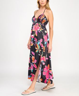 Juniors' Printed Smocked-Bodice Slit-Front Dress