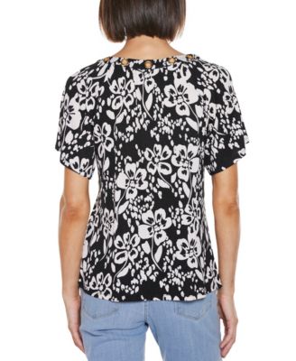 Women's Grommet Detail Floral Short Sleeve Knit Top