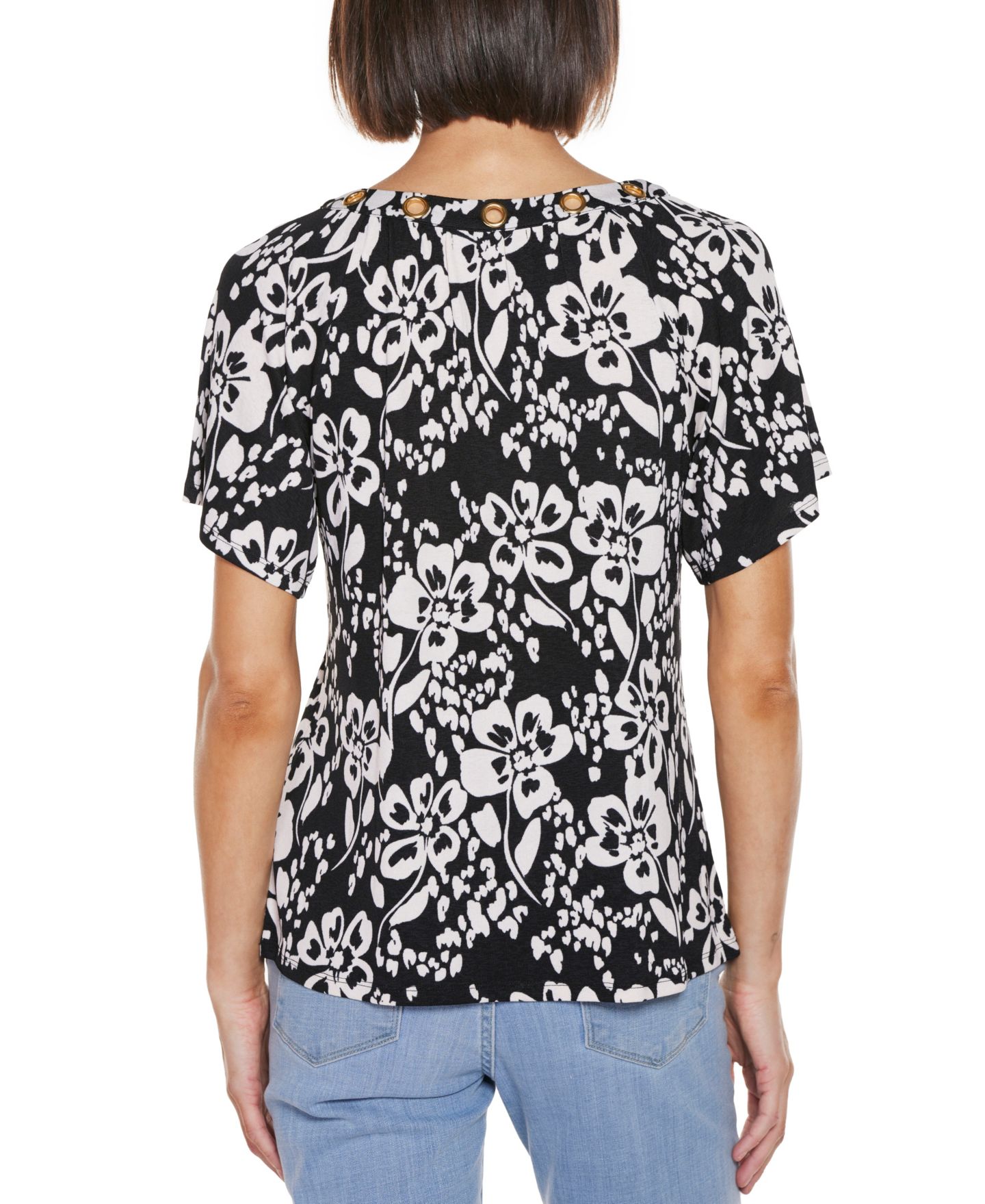 Женский топ Belldini Grommet Detail Floral Short Sleeve Knit, цвет: Чёрный комбинированный — фото 2