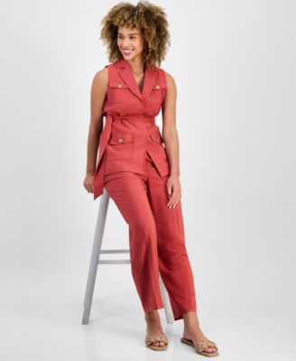 Anne Klein Womens Sleeveless Tie Waist Patch Pocket Jacket Pull On Wide Leg Ankle Pants In Red