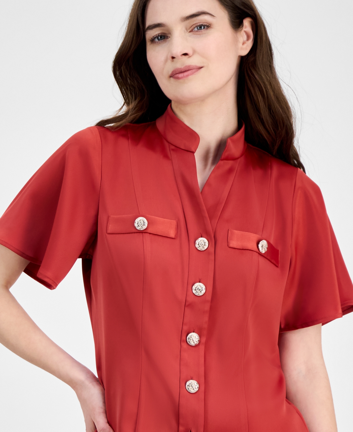 Anne Klein High Neck Short Sleeve Button-up Shirt In Red