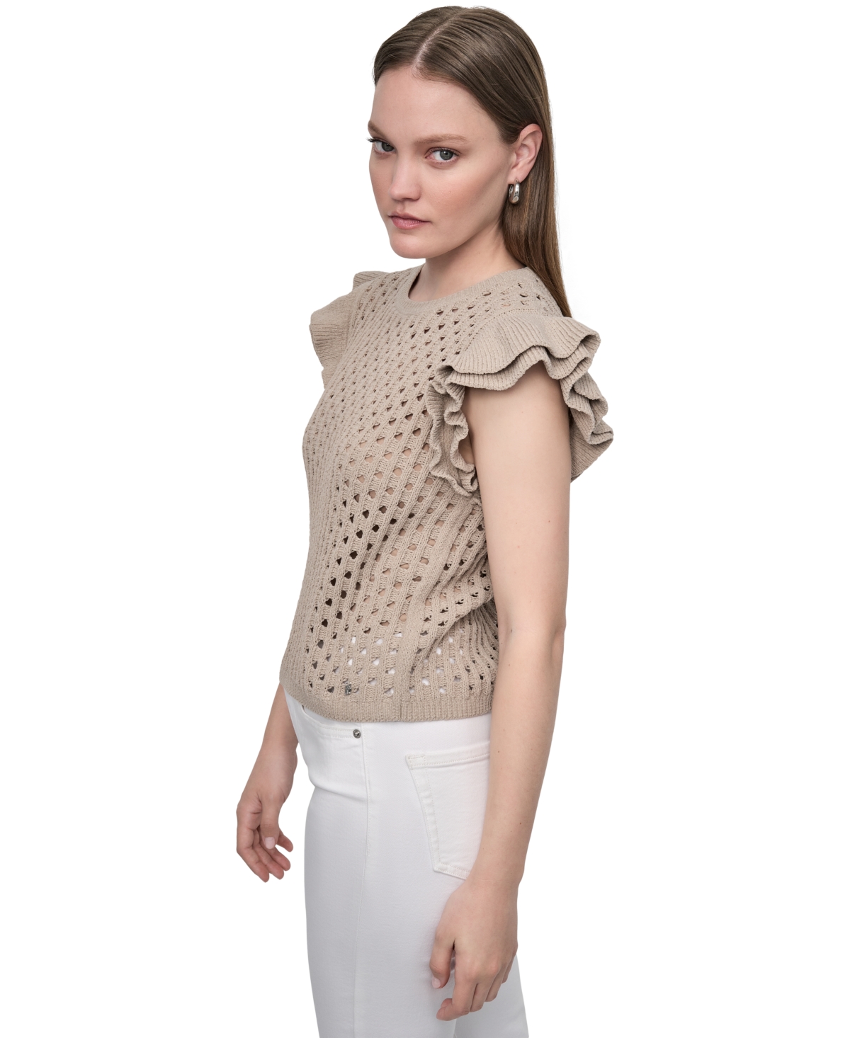 Dkny Jeans Women's Baby Chenille Pointelle Rib Flutter-sleeve Sweater In Neutral