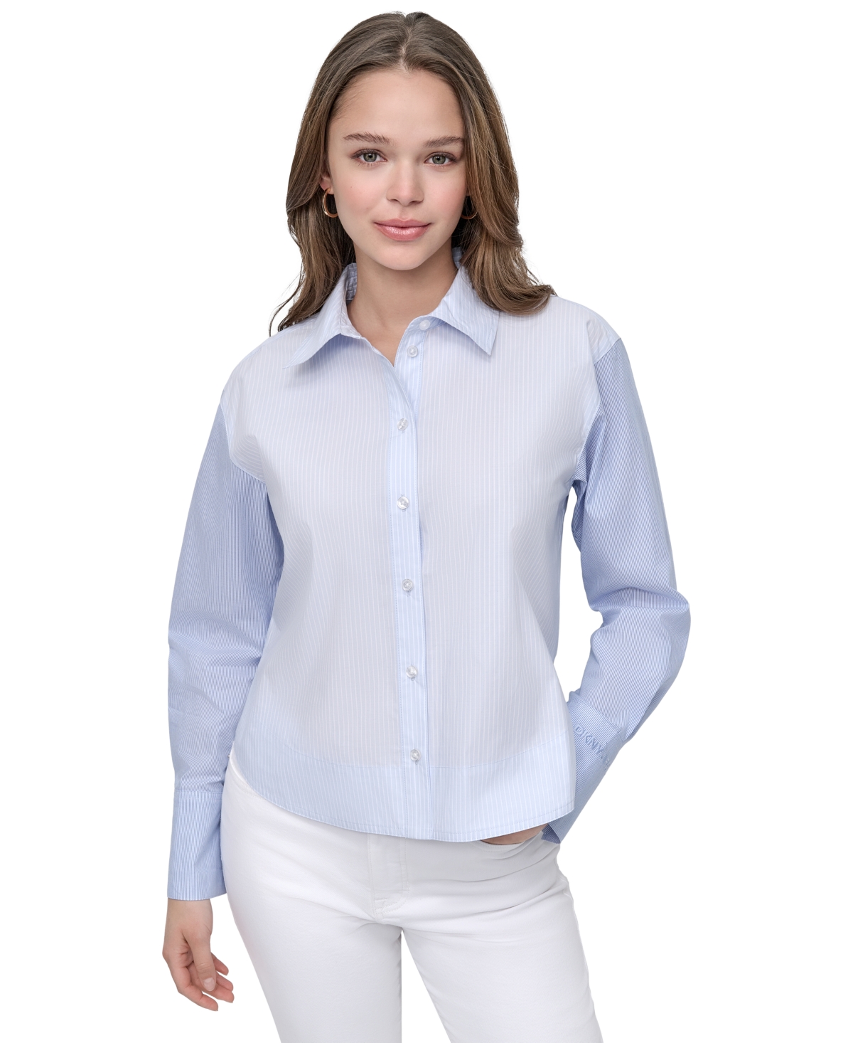 DKNY JEANS WOMEN'S CROPPED LONG-SLEEVE BUTTON-FRONT SHIRT 