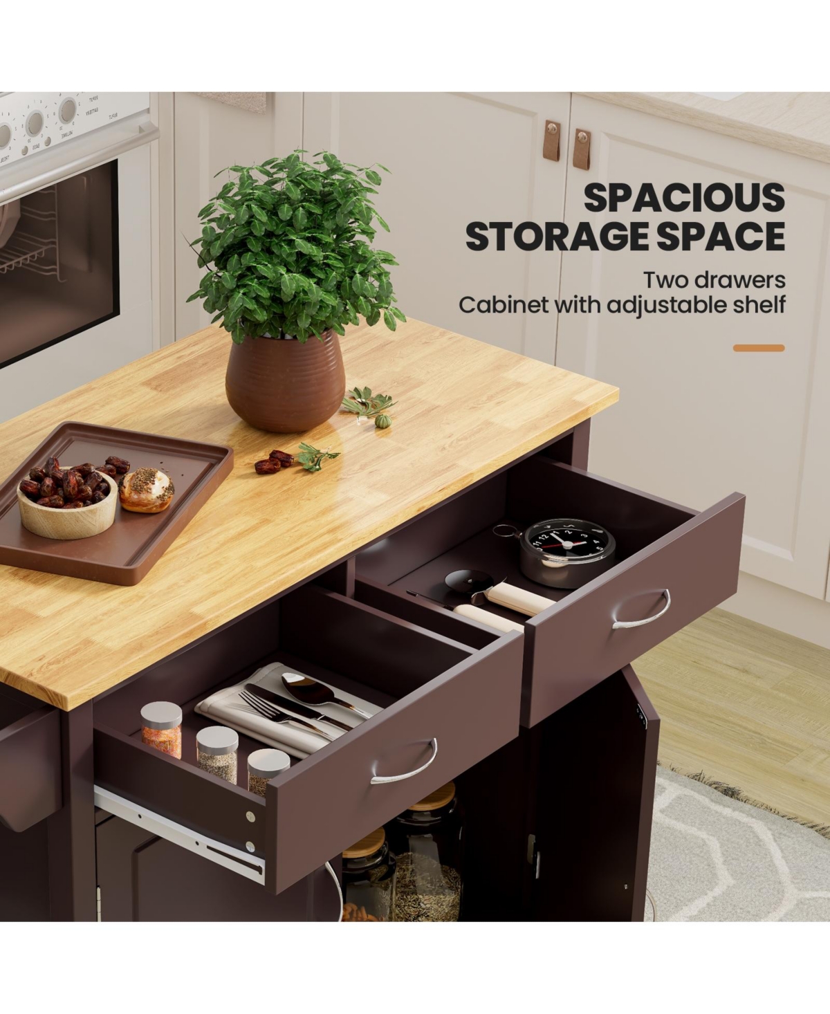 Modern Rolling Kitchen Cart Island with Wood Counter Top