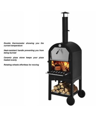 Rolling Outdoor Pizza Oven Wood Fire Pizza Maker With Pizza Peel Pizza Stone Waterproof Cover Wood Storage Shelf Ash Collection Drawer Thermometer Heat-Resistant Handle Perfect For Outdoor Activities