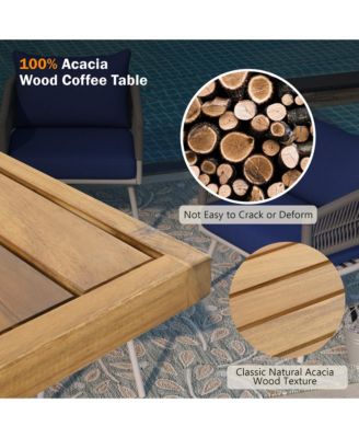 Outdoor  4-Piece Boho Rope Patio Furniture Set with Acacia Wood Table, Patio Conversation Set with Deep Seating & Thick Cushion