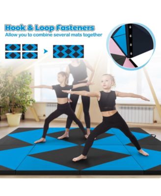 8 Feet PU Leather Folding Gymnastics Mat with Hook and Loop Fasteners-Blue