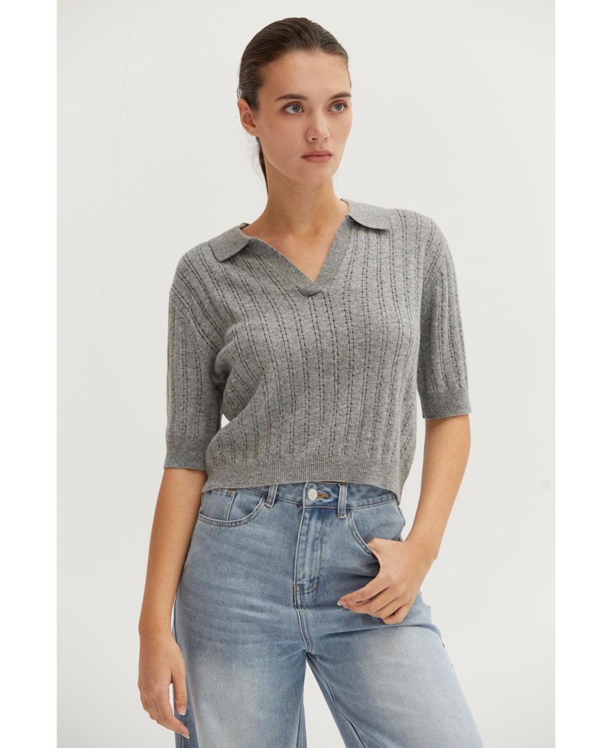 Women's Saman Pointelle Knit Top - Grey + haether grey