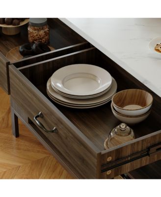 Kitchen island with 2 drawers, iron feet, island storage table with dining table, coffee station and microwave rack for home, dining room, marble and wood grain, wooden