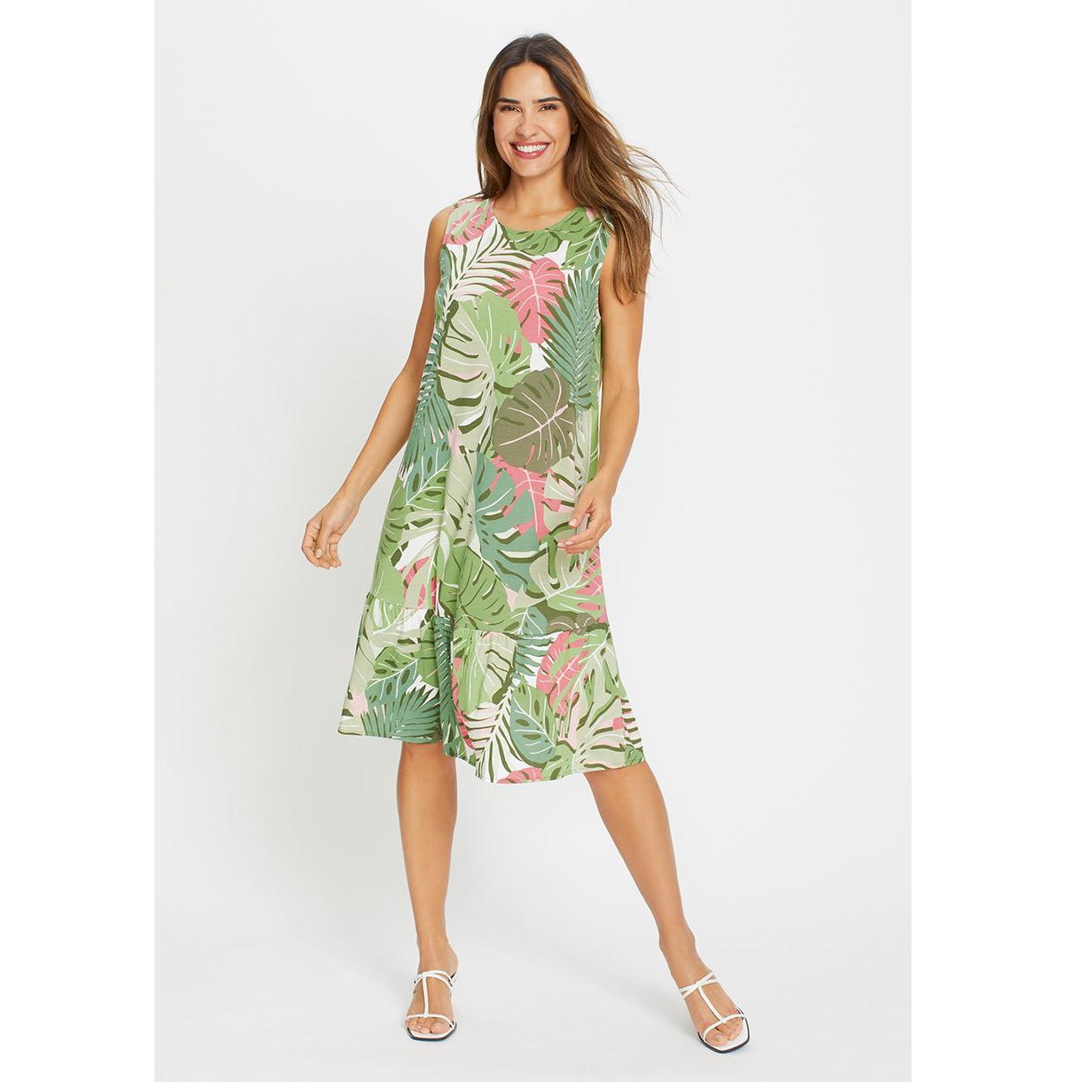 Women's Sleeveless Jungle Leaf Print Dress - Olive