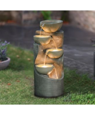 Modern Gray Resin Tiered Bowls Outdoor Fountain with Lights