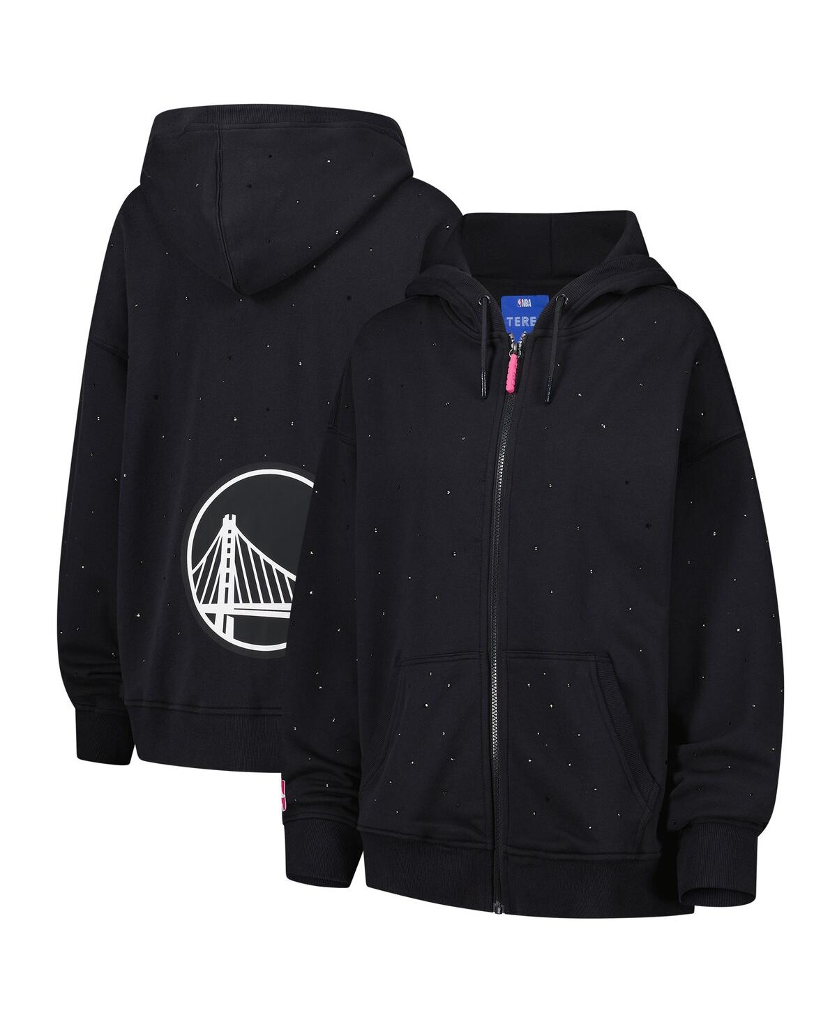 Women's Black Golden State Warriors Oversized Allover Gemstone Full-Zip Hoodie - Black