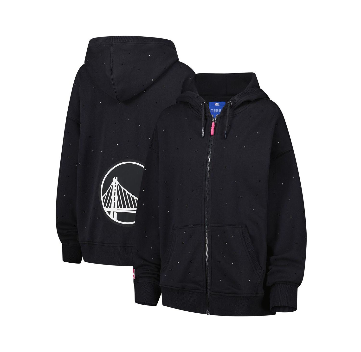 Women's Black Golden State Warriors Oversized Allover Gemstone Full-Zip Hoodie