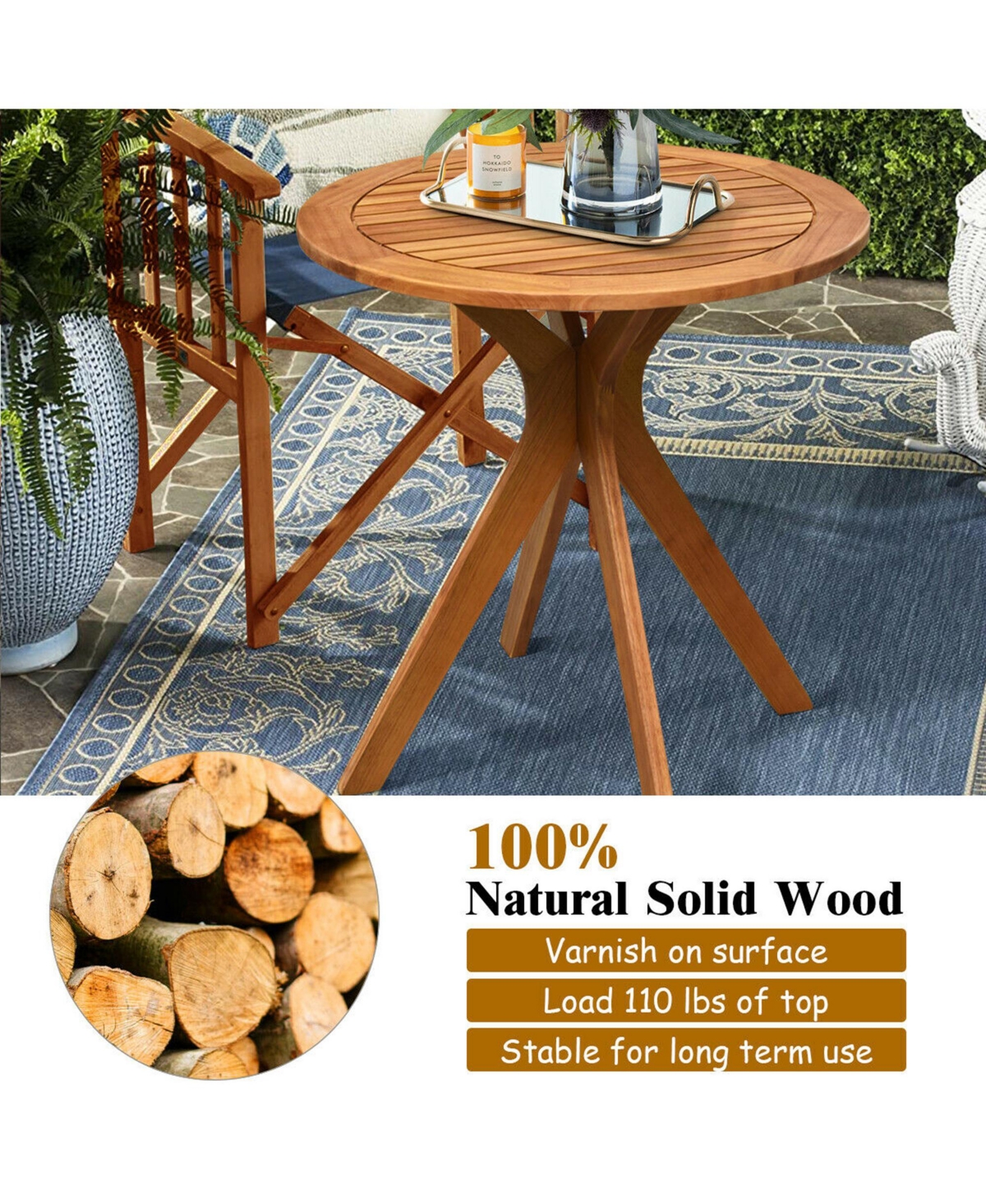 Gymax 3PCS Patio Rocking Chair Set Round Table Solid Wood Cushioned Sofa Garden Deck
