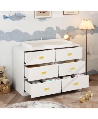 Changing table with six drawers, baby changing station with changing table top and drawers, white wood