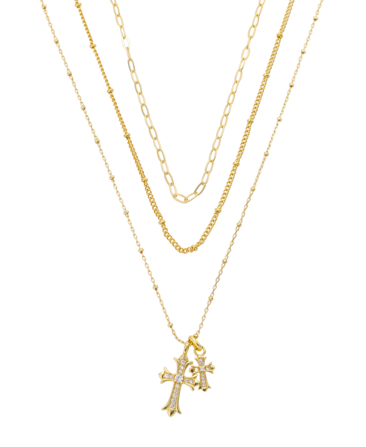 Cubic Zirconia Double Cross Pendant Layered Necklace Set - Gold