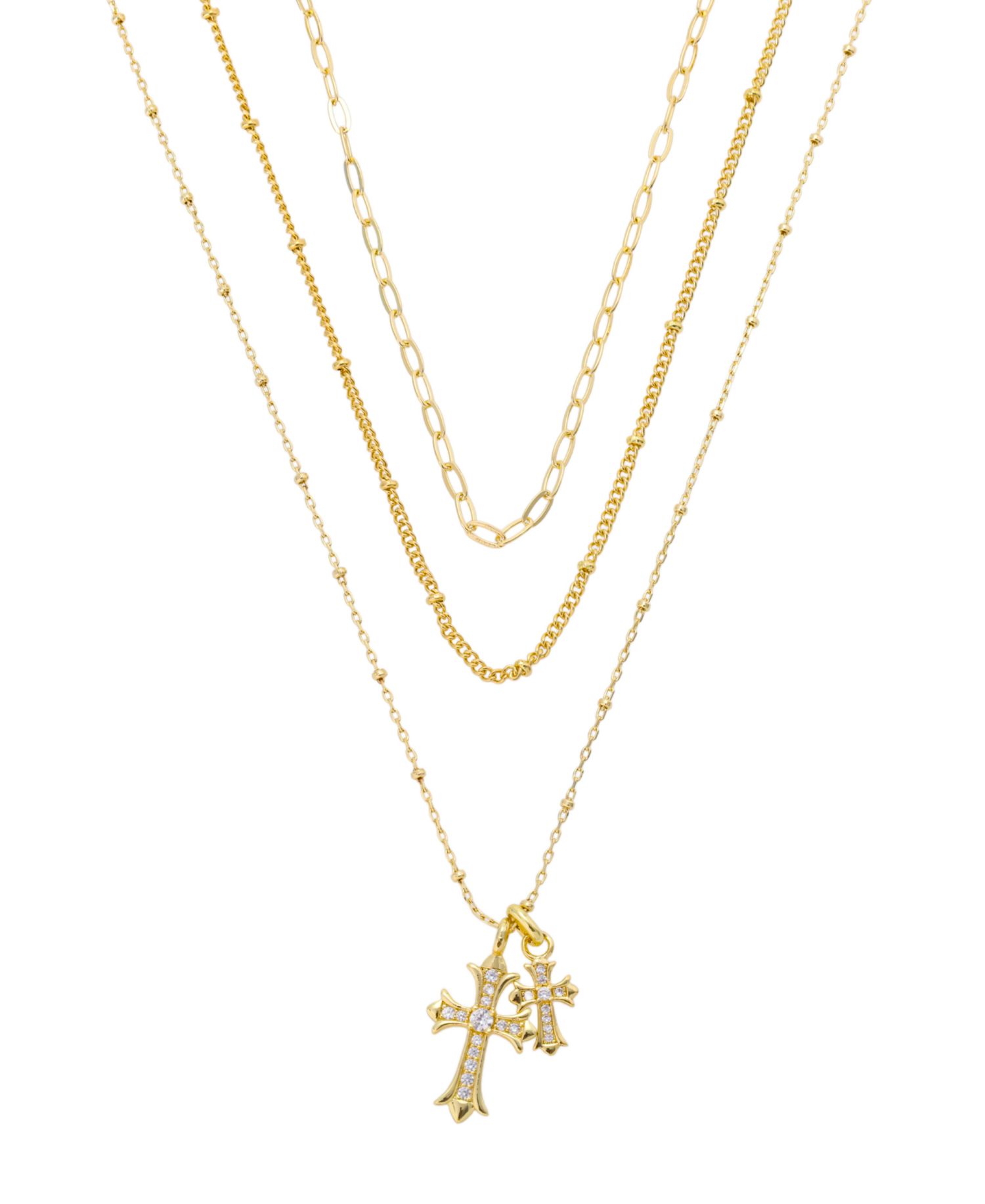 Cubic Zirconia Double Cross Pendant Layered Necklace Set
