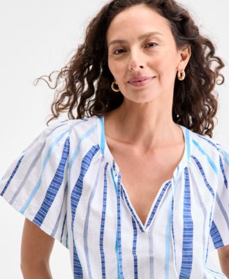 売れ筋商品|||スタイルアンドコー カットソー トップス レディース Women's Cotton Stripe Split-Neck Flutter-Sleeve Top, Exclusively at Macy's Blue Stripe Style & Co Women's Cotton Stripe Split-Neck Flutter-Sleeve