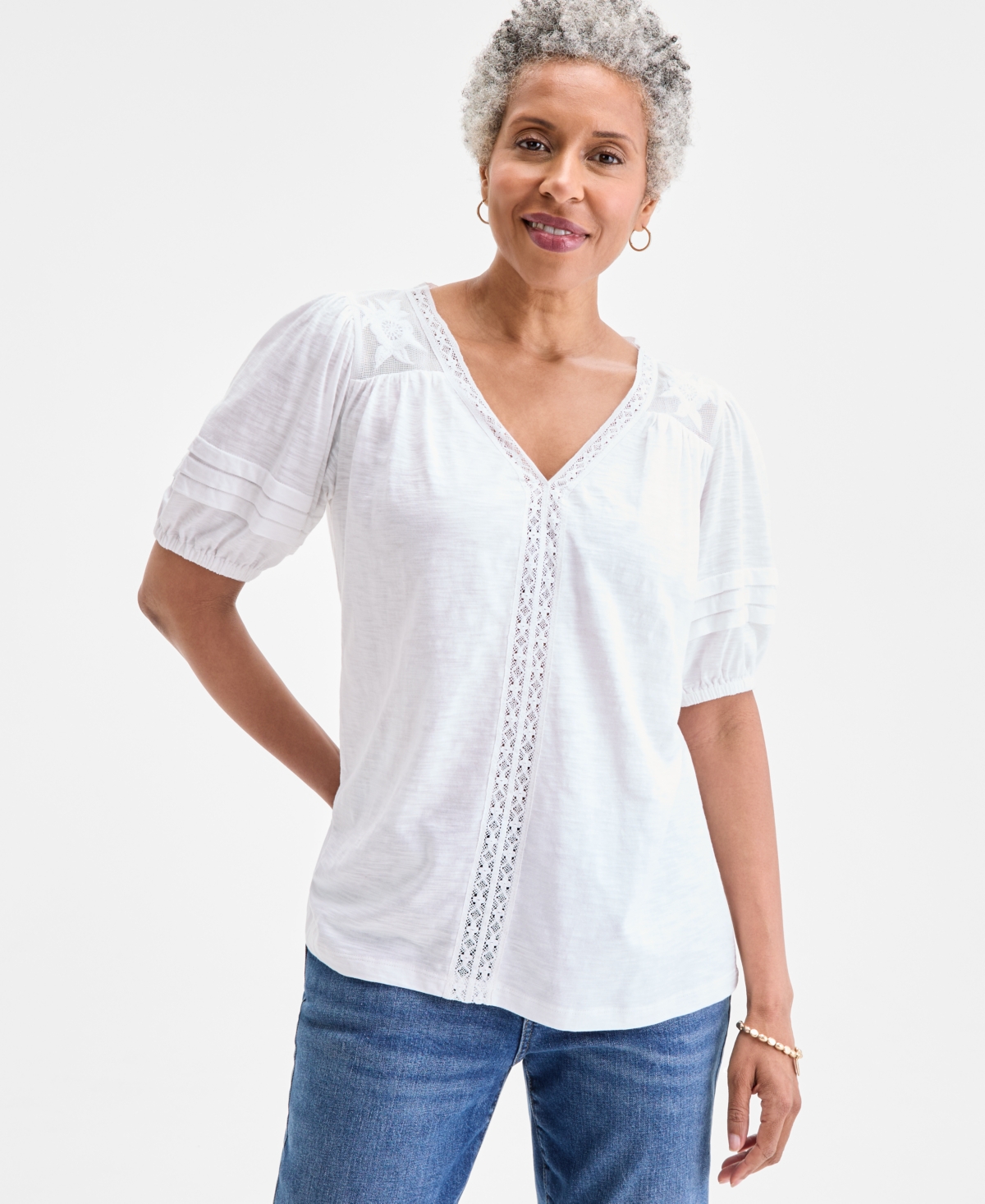 Women's Lace-Trim V-Neck Top, Exclusively at Macy's - Bright White