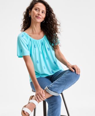 Style & Co Women's Printed Shirred Scoop-Neck Top