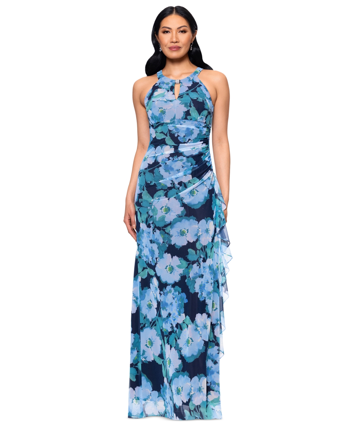 BETSY & ADAM BETSY & ADAM WOMEN'S PRINTED MESH HALTER-NECK SLEEVELESS GOWN 