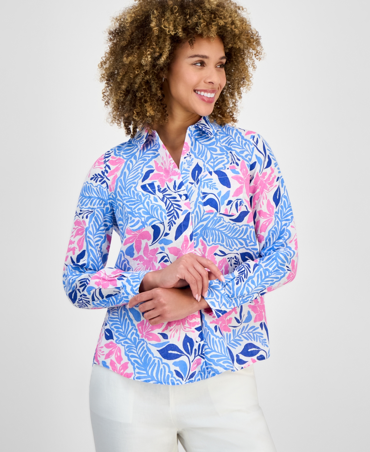CHARTER CLUB WOMEN'S PRINTED 100% LINEN ROLL-TAB SHIRT, EXCLUSIVELY AT MACY'S 