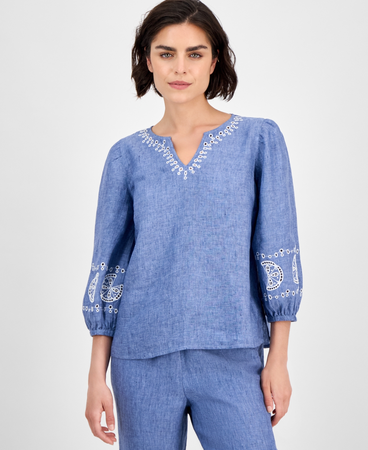 Women's Embroidered Woven 100% Linen Eyelet Top, Exclusively at Macy's - Blue Ocean