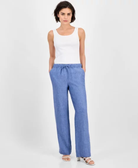 Petite 100% Linen Drawstring Pants - Blue Ocean