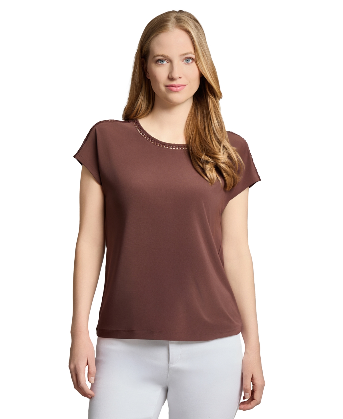 Jones New York Trim Detail Stretch Top In Brown