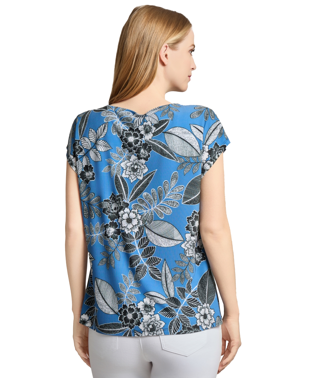 Jones New York Womens Printed Keyhole Extended Shoulder Top Xs Pxl In Blue