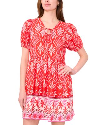 Women's Printed Tie-Neck Short-Sleeve Dress