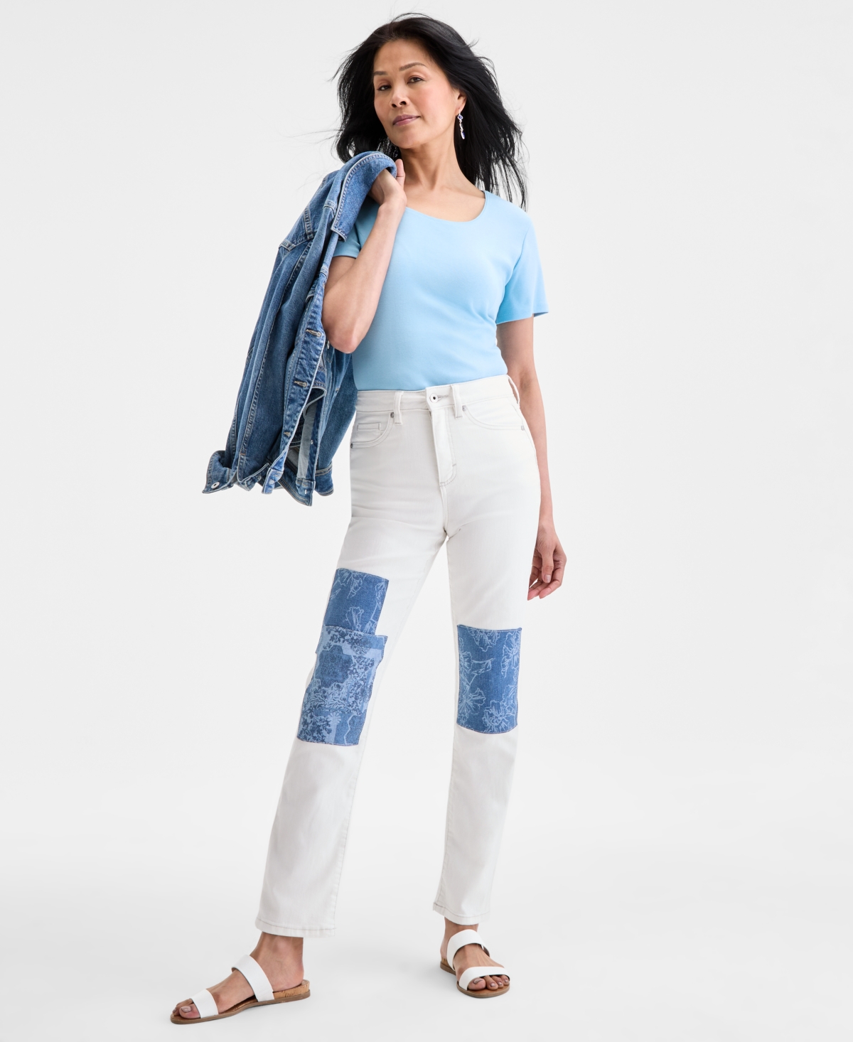 Style & Co. Women's Patchwork High-Rise Straight-Leg Jeans, Exclusively at Macy's - Patchwork White