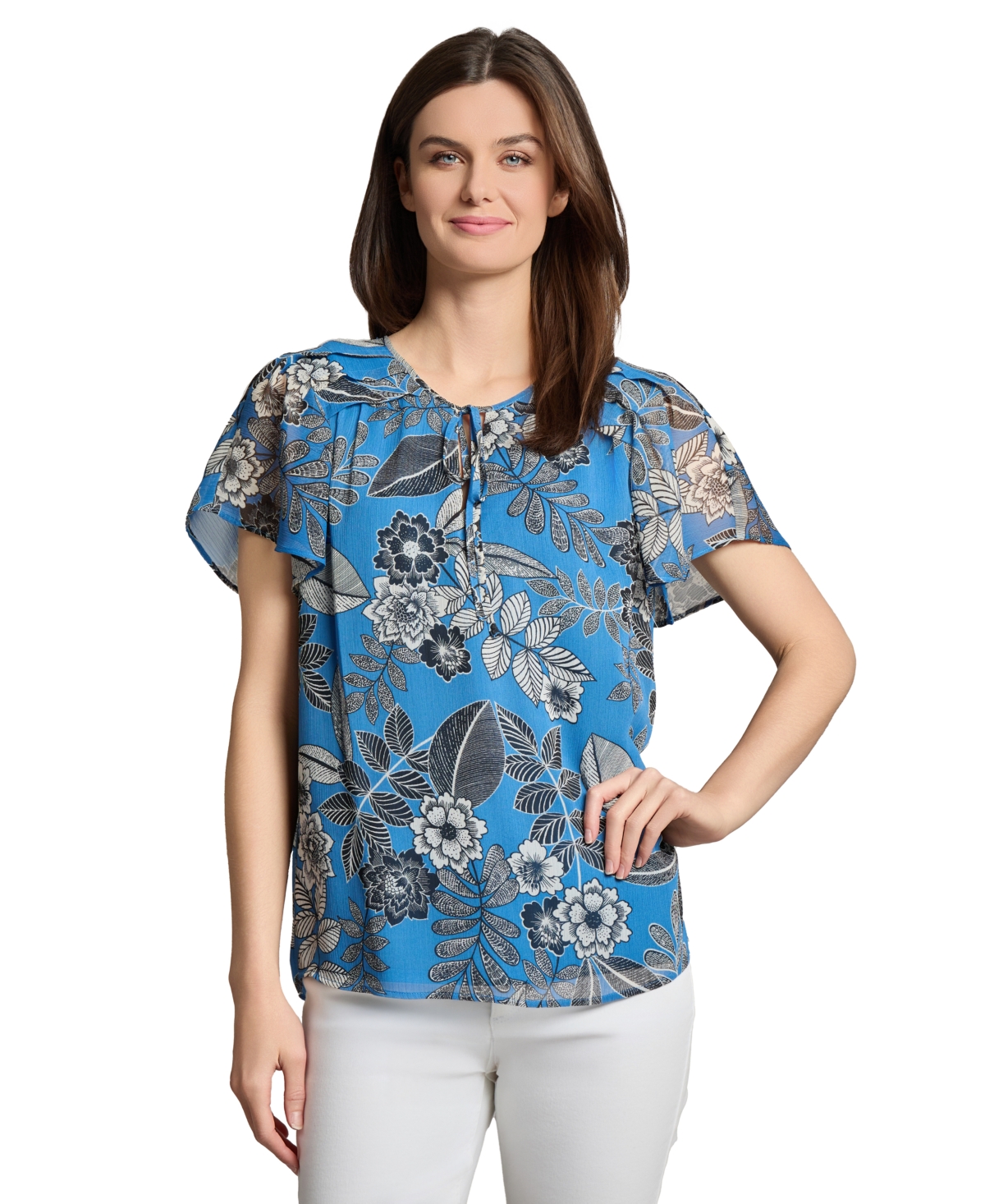 Women's Printed Pleated-Shoulder Tie-Front Top - Blue Lagoon Multi