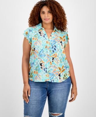 Democracy - Trendy Plus Size Printed Flutter-Sleeve Top