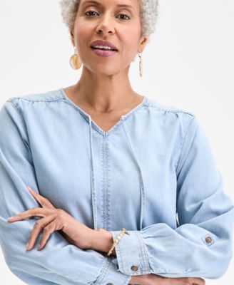 Petite Cotton Split-Neck Long-Sleeve Shirt, Exclusively at Macy's
