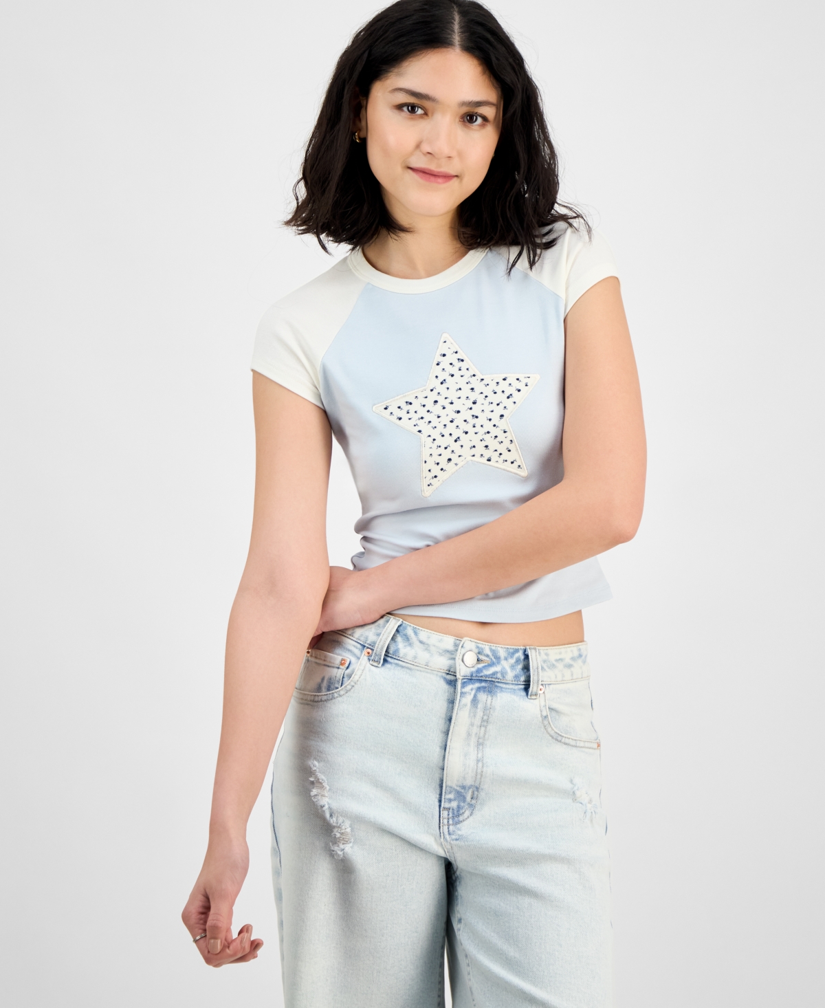 Just Polly Juniors' Raglan Short-sleeve Tee In Blue