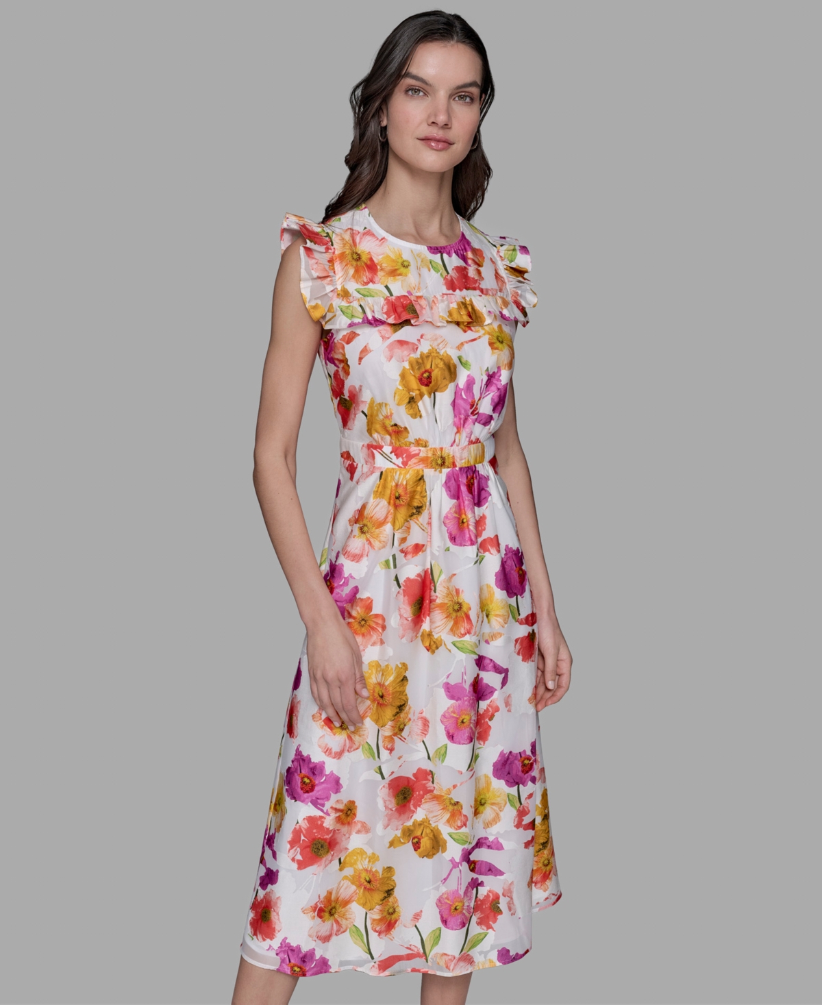 Karl Lagerfeld Petite Floral-print Flutter-sleeve Midi Dress In Burgundy