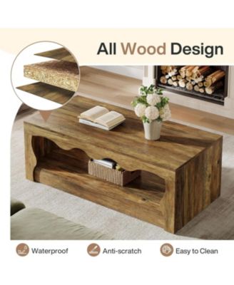 47.24-Inch Farmhouse Coffee Tables, 2-Tier Wooden Rectangular Accent Center Low Cocktail Tea Table with Open Storage Shelf, Rustic Brown