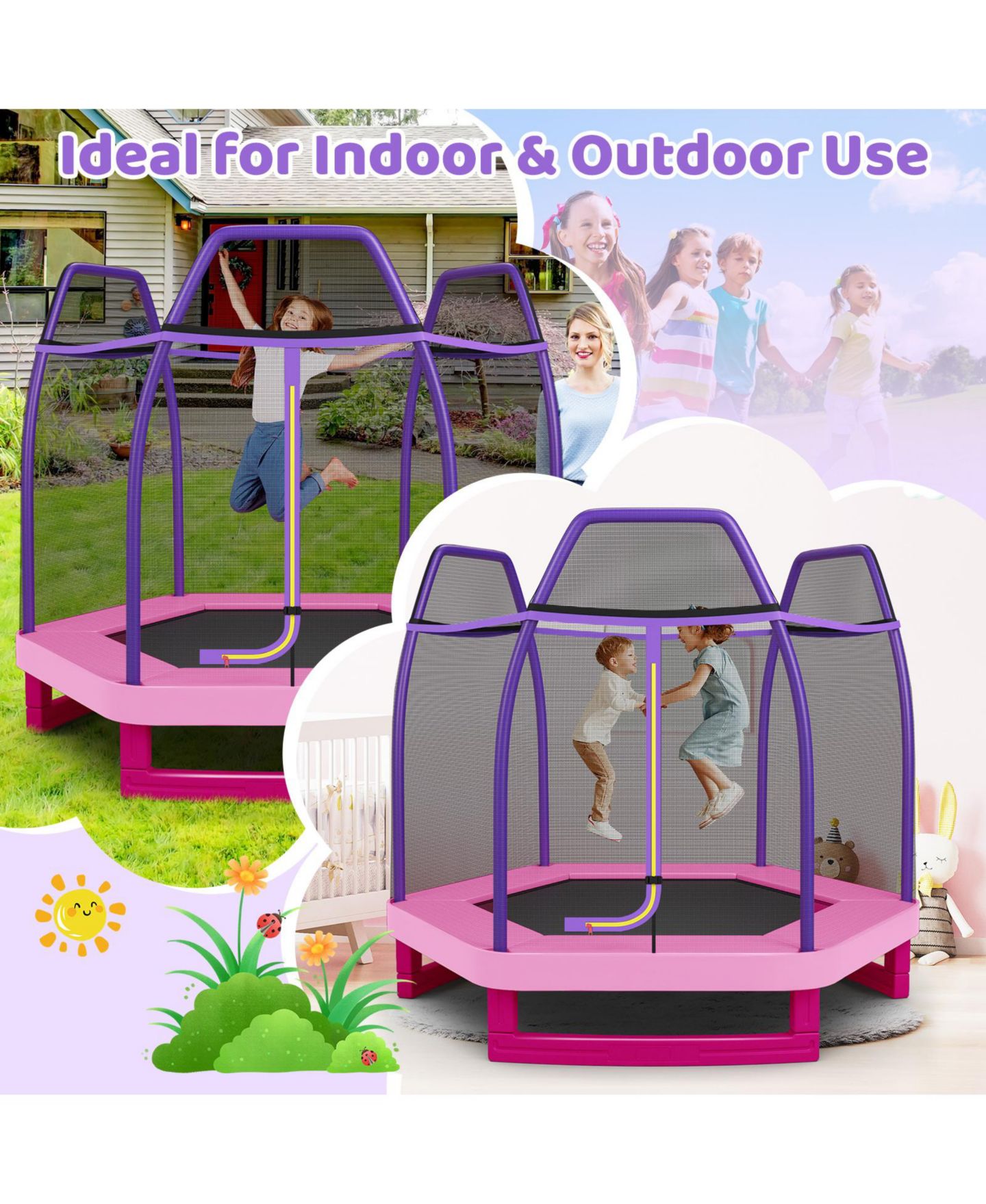 Детская игрушка Mecale 7-Foot Recreational Trampoline with Safety Net Enclosure, Ages 3+, цвет: Розовый — фото 8